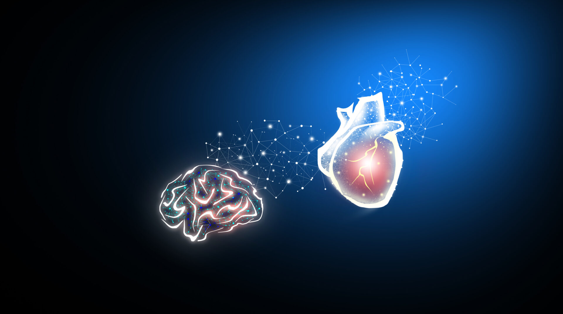 A glowing heart and brain with blue background